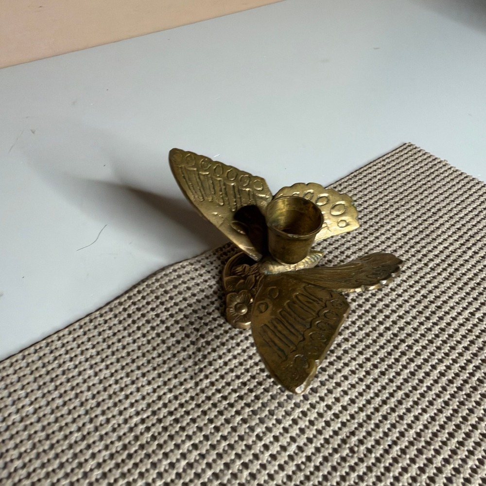 Vintage Solid Brass Butterfly Taper Candle Holder Floral Base Mid Century Decor